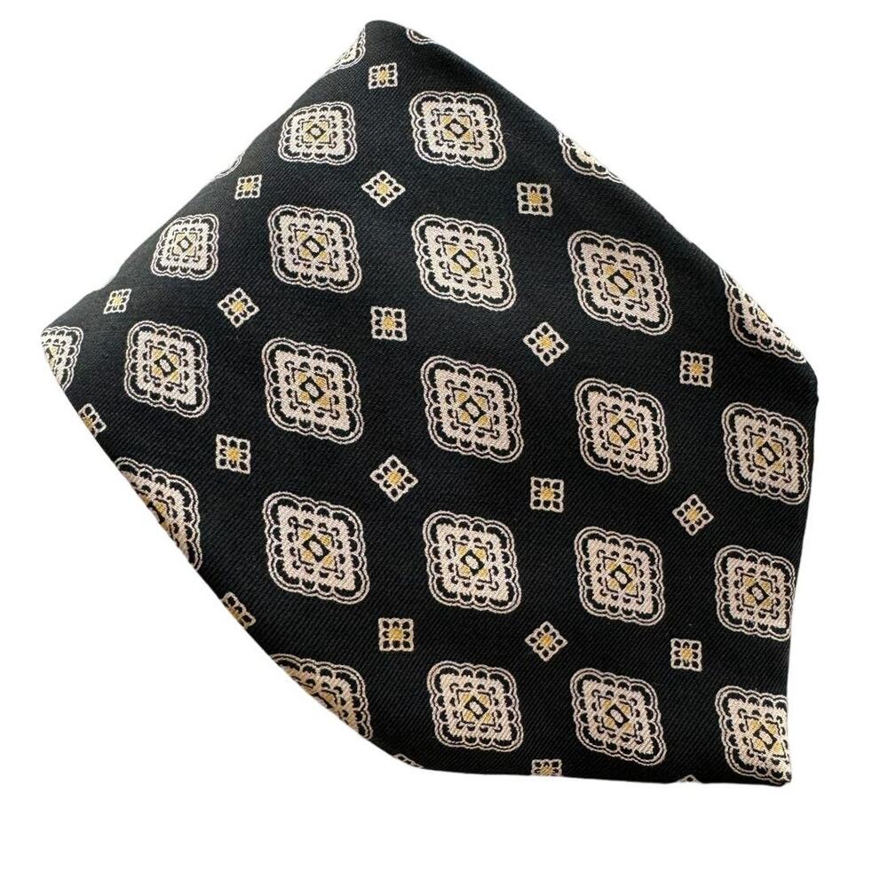 Lanvin designer 100% silk medallion print tie black gold beige 3.5” w